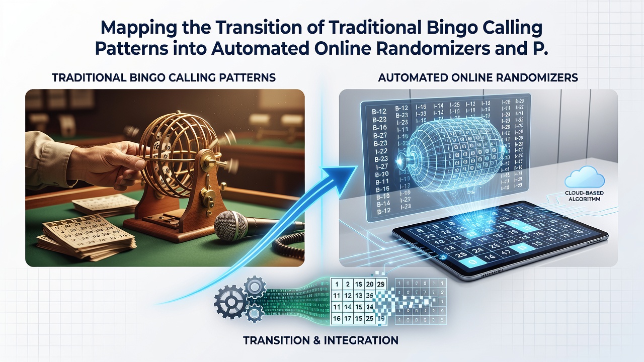 Modern online bingo interface showing automated number randomizer with digital cards and real-time player statistics dashboard